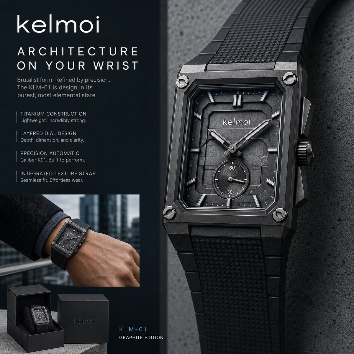 kelmoi™ Gridline Noir Rectangular Chronograph-Style Watch
