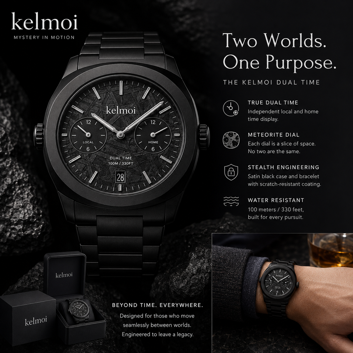 kelmoi™ Dual Arc Black Dual-Time Style Watch