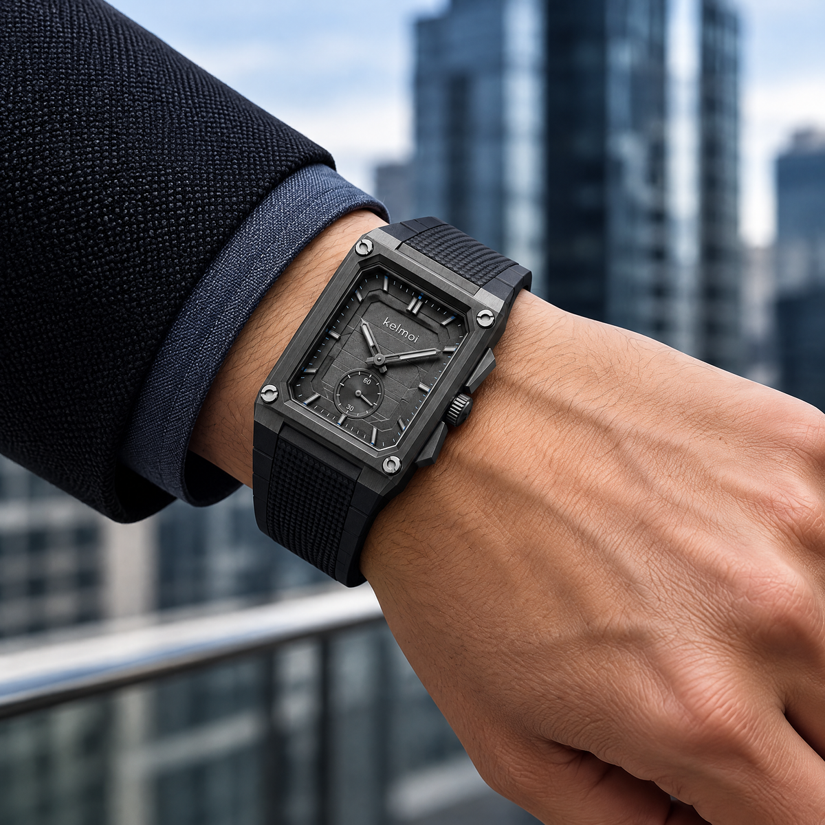 kelmoi™ Gridline Noir Rectangular Chronograph-Style Watch