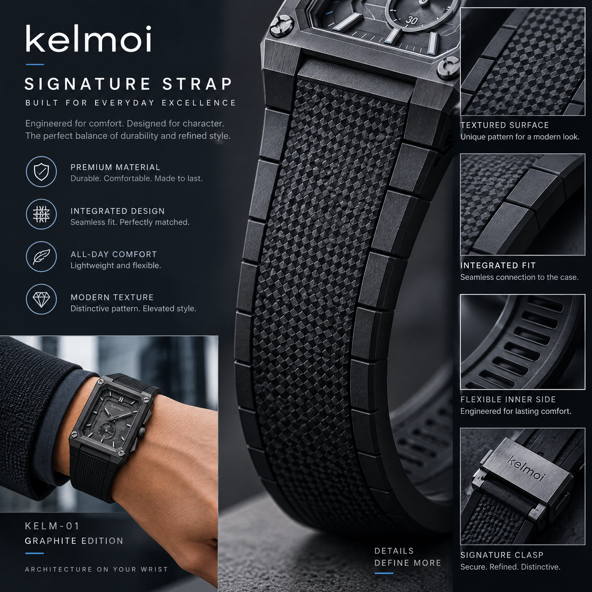 kelmoi™ Gridline Noir Rectangular Chronograph-Style Watch